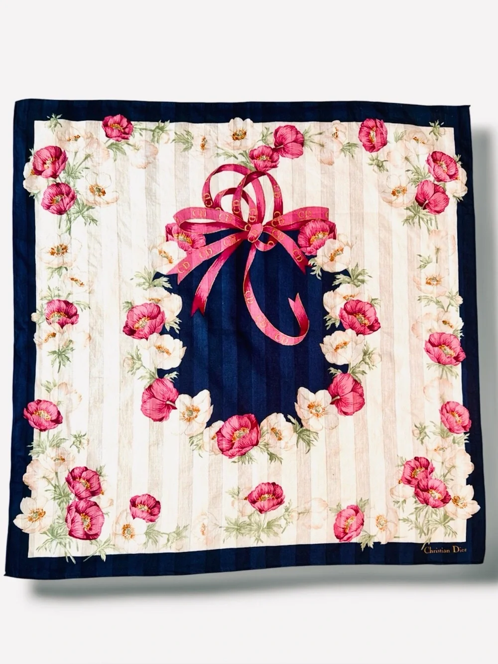 Christian Dior Scarf Blue & White stripes, Floral & Vibrant Pink CD Ribbon